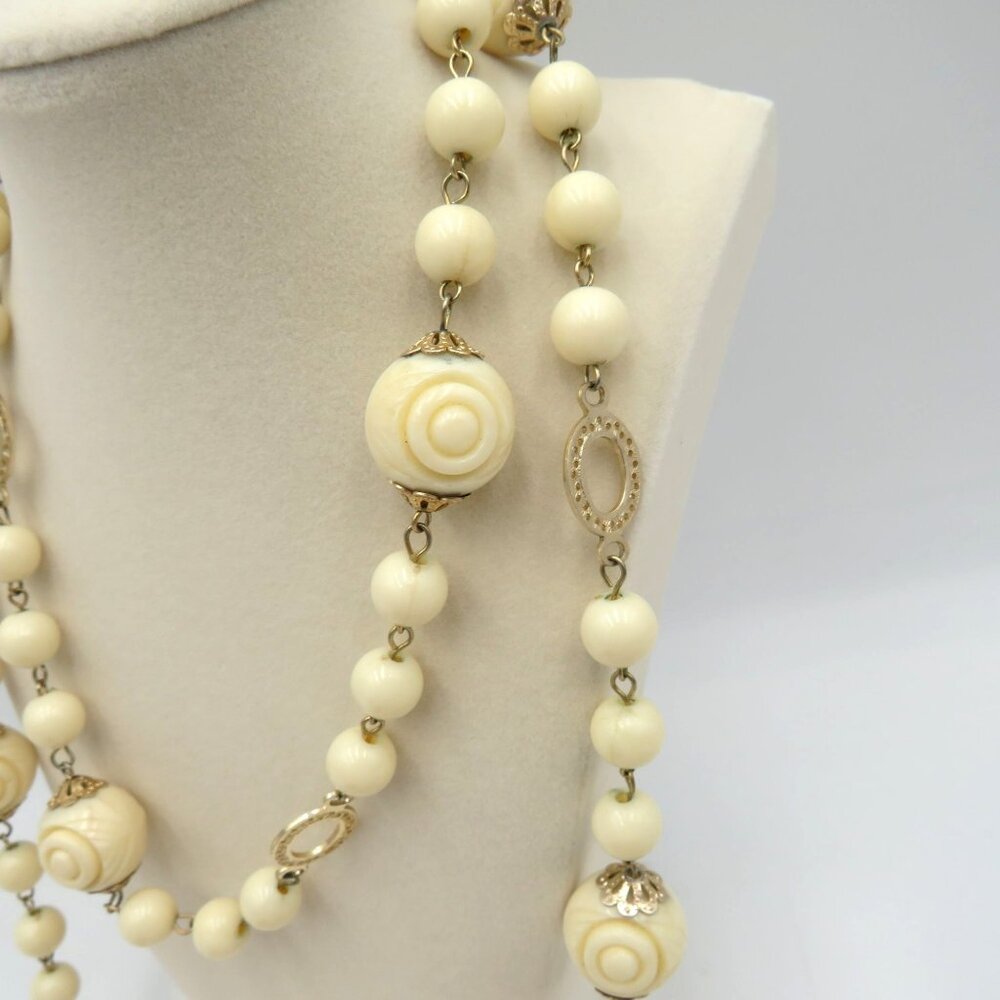 Vintage Bead Necklace Molded Spiral Detailed 46" Long Gold Tone Spacers